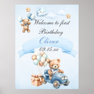 Bear on Aeroplane Blue Boys Birthday Poster
