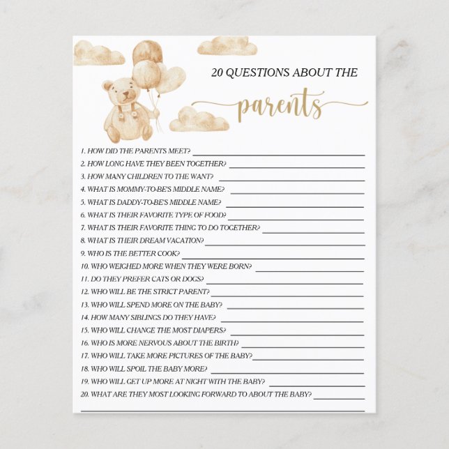 Bear on balls 20 Questions about the Parents game (Front)