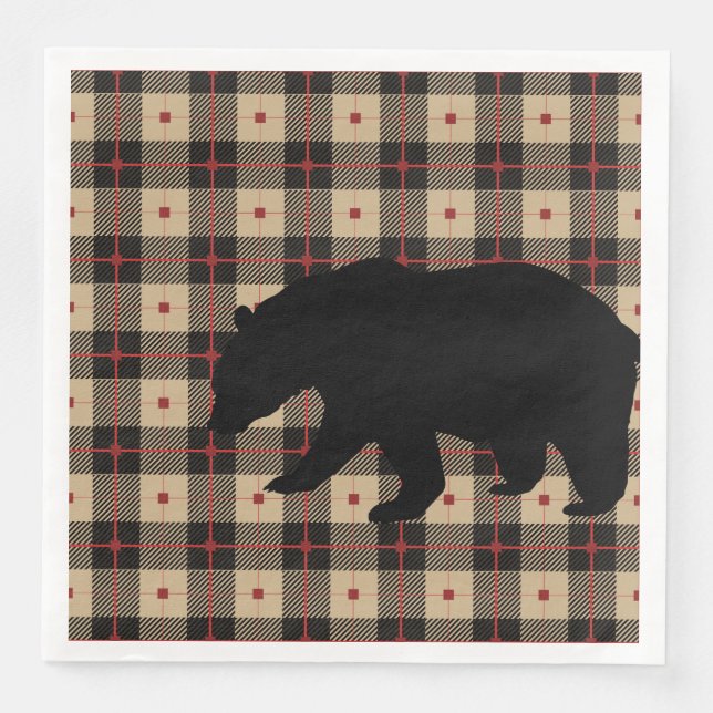 Bear on Black Red Tan Plad Napkin (Front)