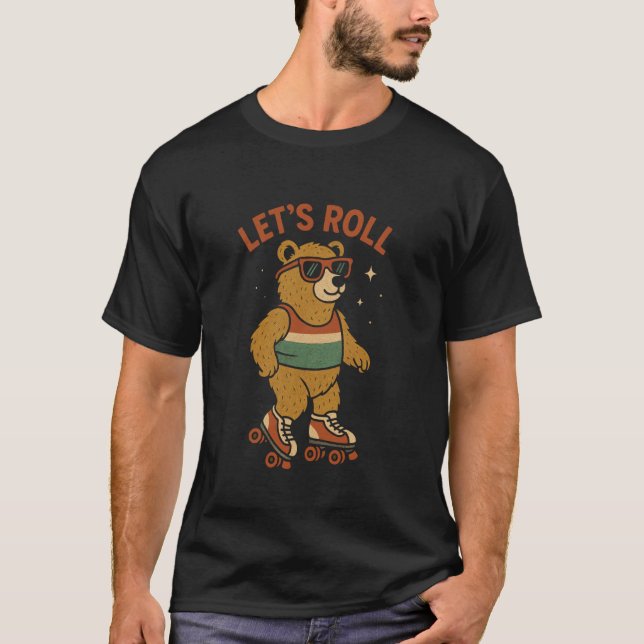 Bear on Roller Skates Let's Roll Retro Comic Book  T-Shirt (Front)