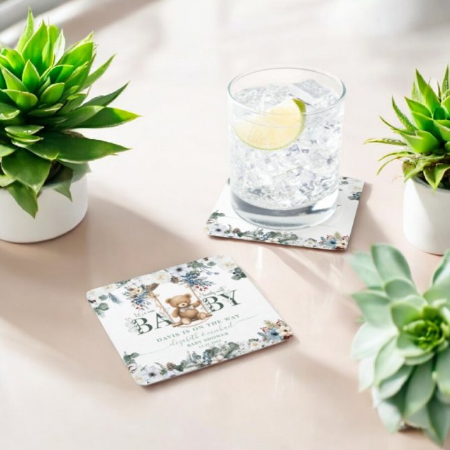 Bear on Swing Sage Green  Neutral Baby Shower Square Paper Coaster (Creator Uploaded)