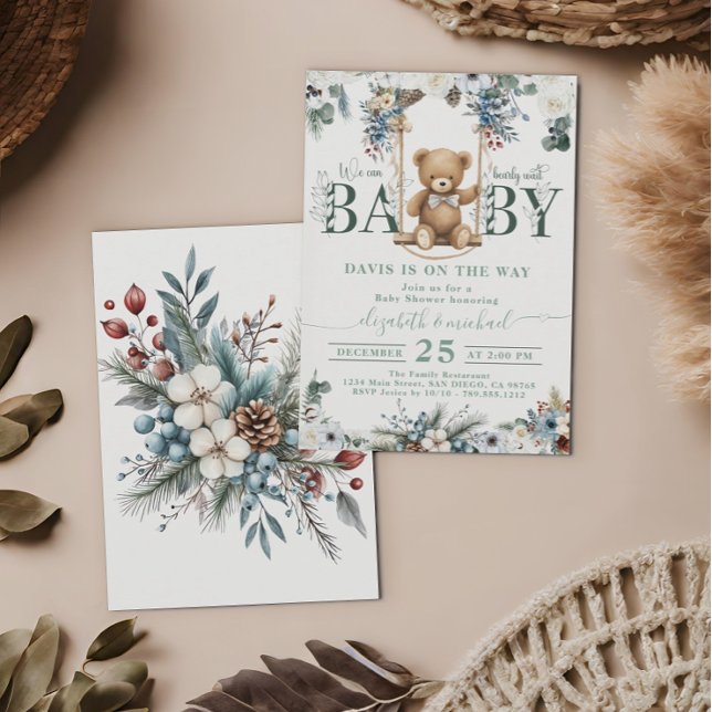Bear On The Way Botanical  Sage Green Baby Shower Invitation (Creator Uploaded)