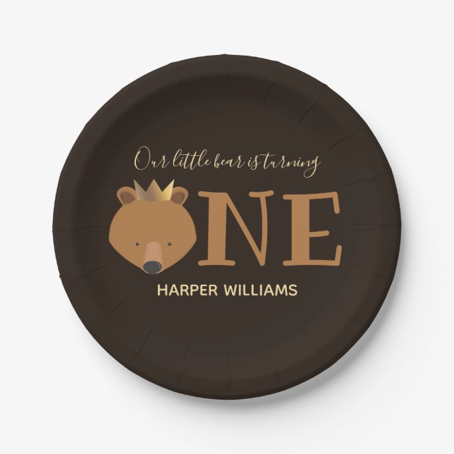 Bear One Crown Animal First Birthday Paper Plate (Front)