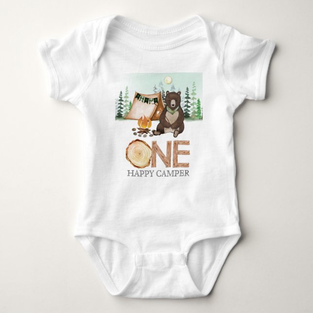 Bear One Happy Camper Baby 1st Birthday Outfit Bodysuit (Front)