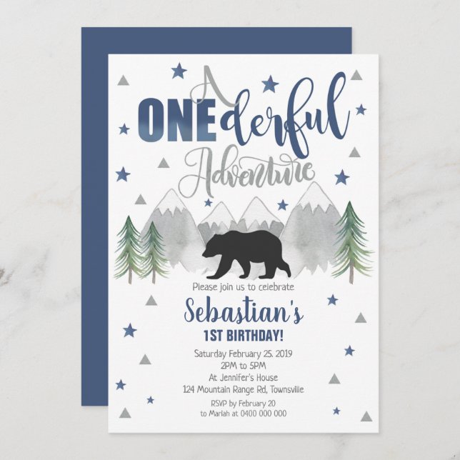 Bear Onederful Adventure Birthday Invitation 1st (Front/Back)