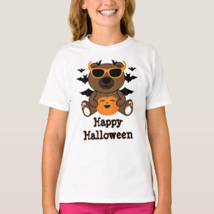 Bear orange pumpkin black bats Happy Halloween  T-Shirt