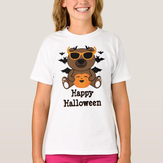 Bear orange pumpkin black bats Happy Halloween  T-Shirt (Front)