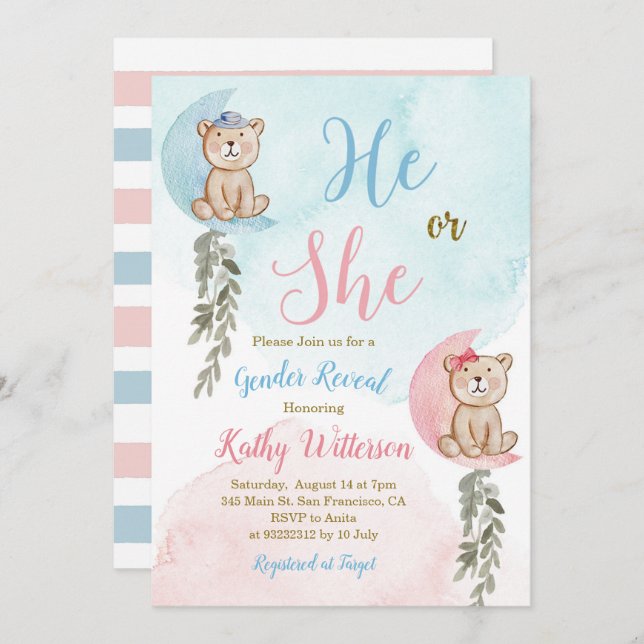 Bear over the moon He or She Gender Reveal Invitation (Front/Back)