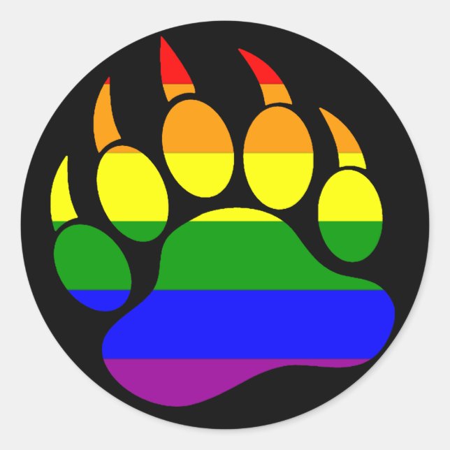 BEAR PAW RAINBOW ON BLACK CLASSIC ROUND STICKER (Front)