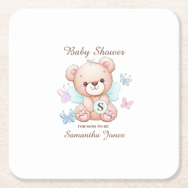 Bear Personalised Baby Shower Square Paper Coaster (Front)