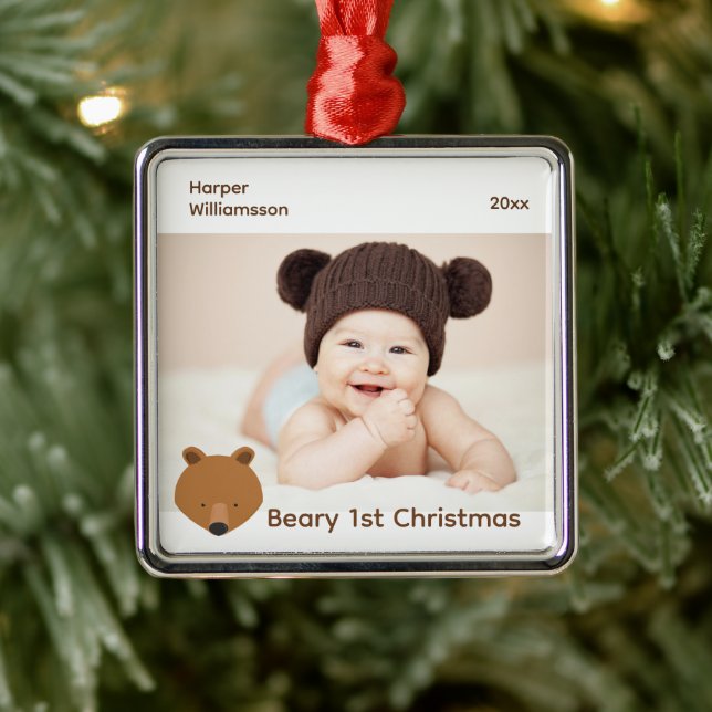 Bear Photo Baby First Christmas Metal Ornament (Tree)