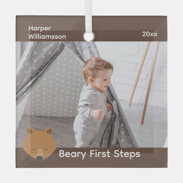 Bear Photo Baby First Steps Christmas Glass Tree Decoration (Front)