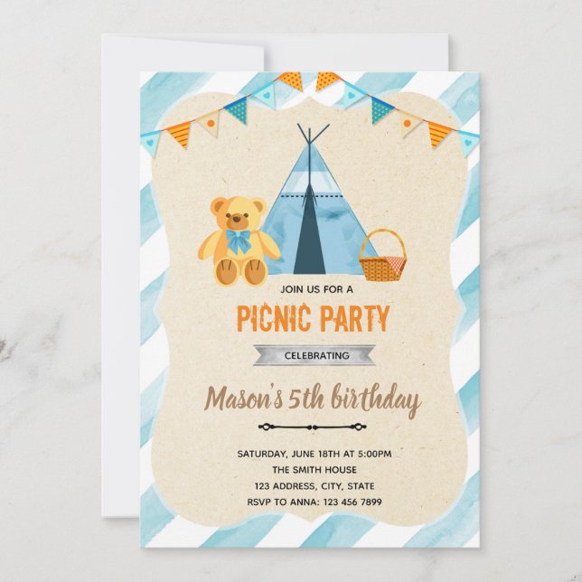 Bear picnic boy party invitation (Front)