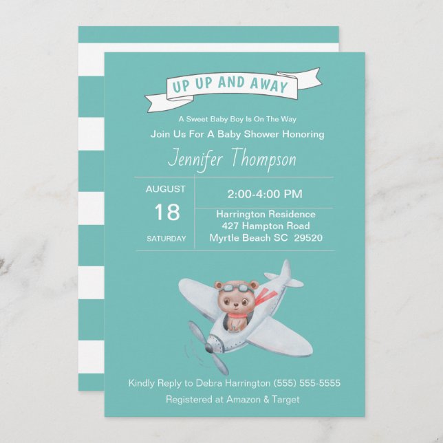 Bear Pilot and Aeroplane Baby Shower Invitation (Front/Back)