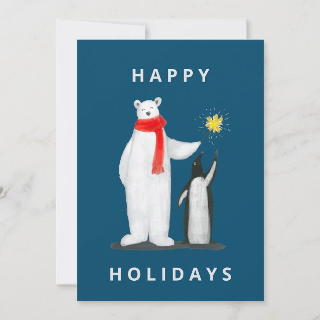 Bear & Pinguin on Blue Background  Holiday Card (Front)