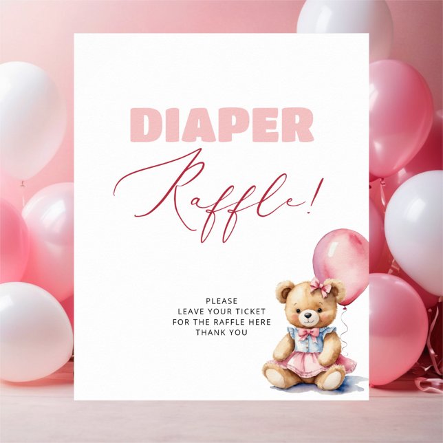 Bear Pink Balloon Girl Baby Shower Diaper Raffle Poster (Creator Uploaded)
