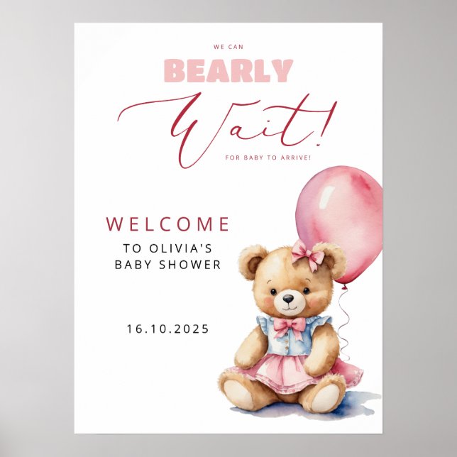 Bear Pink Balloon Girl Baby Shower Welcome Poster (Front)