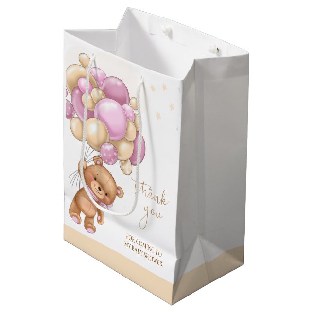 Bear Pink Balloons Baby Shower Gift Bag (Front Angled)