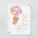 Bear Pink Balloons Baby Shower Save the Date<br><div class="desc">This design features a friendly Teddy Bear with pink and cream balloon. Texts "Save the Date" and "Baby Shower" are written in calligraphy style.</div>