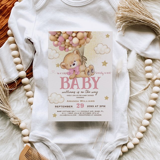 Bear Pink Balloons Bearly Wait Girl Baby Shower  Invitation (Creator Uploaded)
