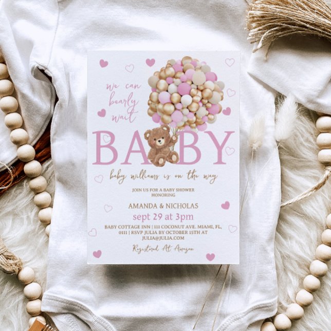 Bear Pink Balloons Girl Baby Shower  Invitation (Creator Uploaded)