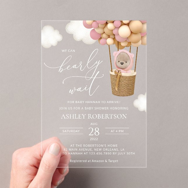 Bear, Pink Balloons, Hot Air Balloon, Baby Shower Acrylic Invitations (Insitu (Handheld))