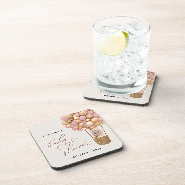 Bear, Pink Balloons, Hot Air Balloon, Baby Shower Coaster (Right Side)