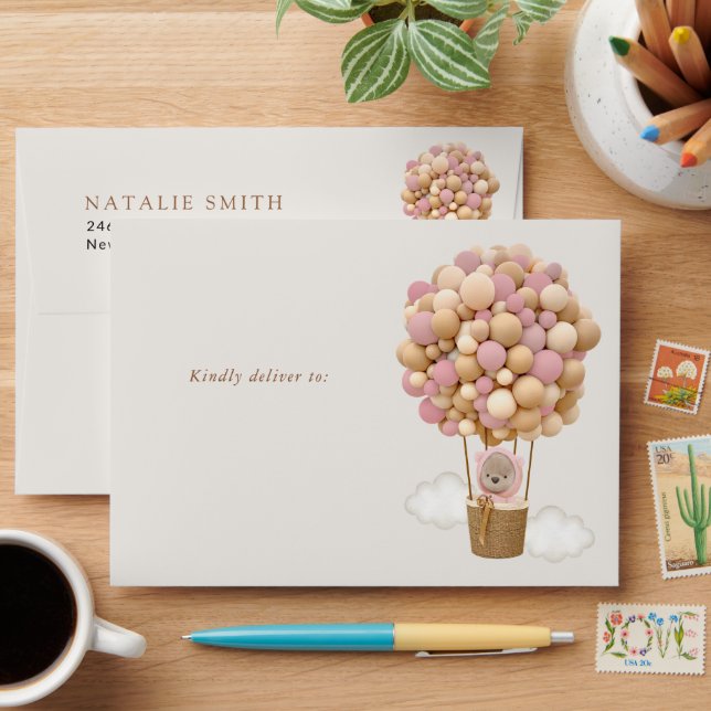 Bear, Pink Balloons, Hot Air Balloon, Baby Shower Envelope (Desk)