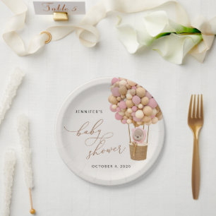 Bear, Pink Balloons, Hot Air Balloon, Baby Shower Paper Plate