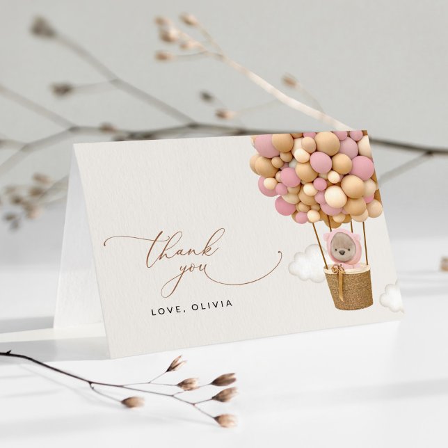 Bear, Pink Balloons, Hot Air Balloon, Baby Shower Thank You Card (Creator Uploaded)