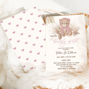 Bear Pink Boho Bearly Wait Girl Baby Shower Invitation