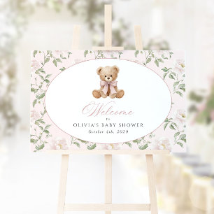Bear, Pink Bow, Pink Flowers, Baby Shower Welcome Poster