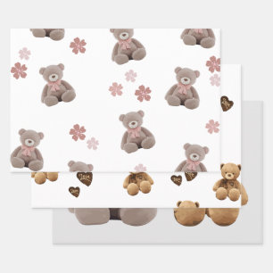 Bear Pink Cartoon Pattern Wrapping Paper Sheet