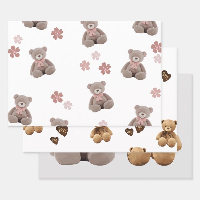 Bear Pink Cartoon Pattern Wrapping Paper Sheet (Set)