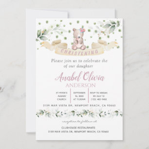 Bear Pink Floral Greenery Baptism Girl  Invitation