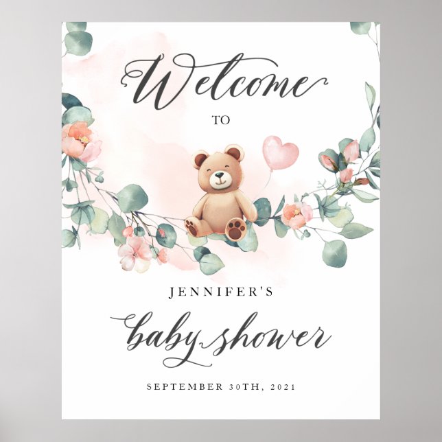 Bear Pink Girl Baby Shower Welcome Sign (Front)