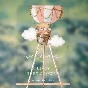 Bear, Pink Hot Air Balloon, Baby Shower Welcome Acrylic Sign