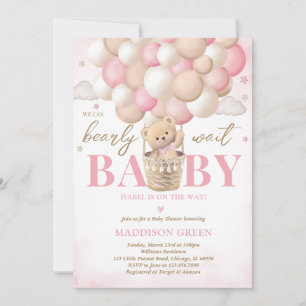 Bear Pink Hot Air Balloon Girl Baby Shower Invitation