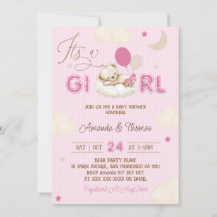 Bear Pink Striped Girl Baby Shower Invitation