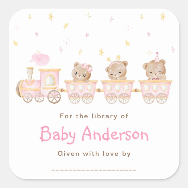 Bear Pink Train Baby Shower Bookplate Square Sticker (Front)