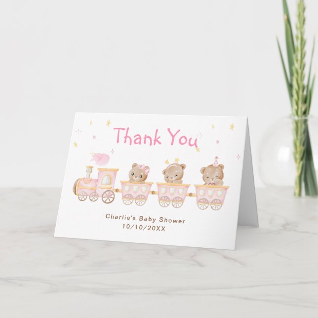 Bear Pink Train Baby Shower Thank You Card (Front)