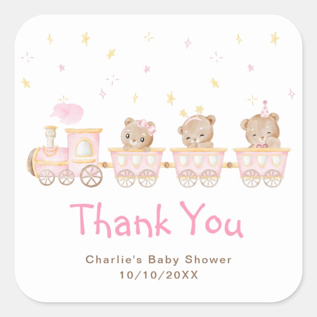 Bear Pink Train Baby Shower Thank You Square Sticker (Front)