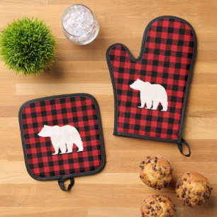 Bear Plaid Check Mountain Oven Mitt & Pot Holder Set