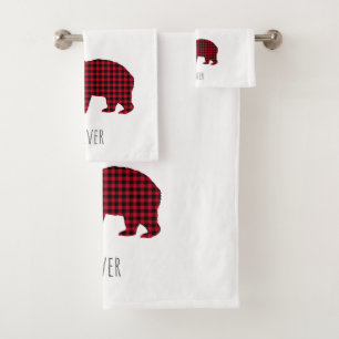 Bear Plaid Tartan Name Christmas Bath Towel Set