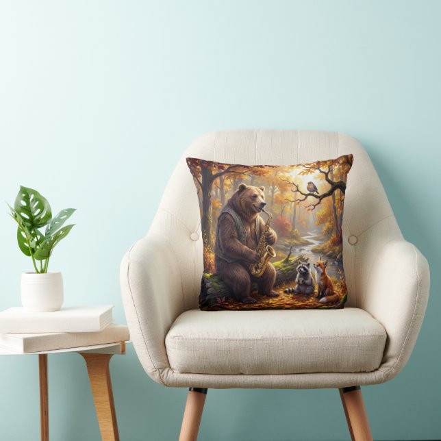 Bear Playing a Saxophone in Autumn Forest Cushion (Chair)