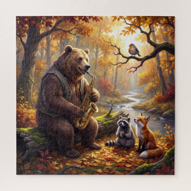 Bear Playing a Saxophone in Autumn Forest Jigsaw Puzzle (Vertical)
