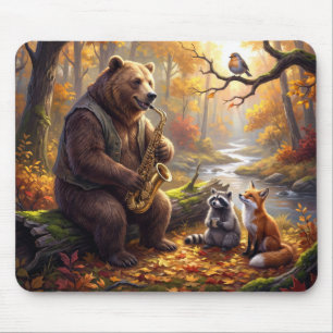 Bear Playing a Saxophone in Autumn Forest Mouse Pad
