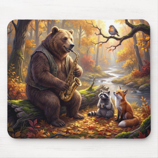 Bear Playing a Saxophone in Autumn Forest Mouse Pad (Front)