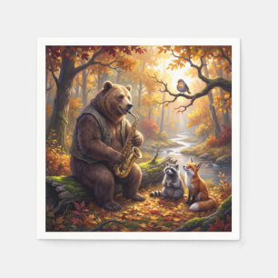 Bear Playing a Saxophone in Autumn Forest Napkin