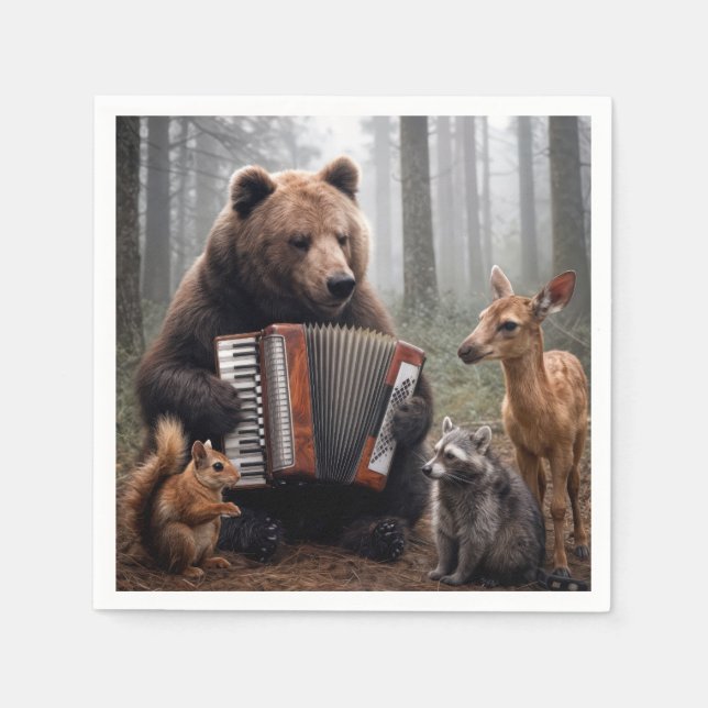 Bear Playing Accordion for Forest Friends Napkin (Front)